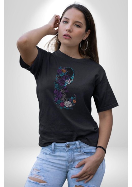 Cadılar Siyah Güller Kadın Erkek Unisex Siyah Organik Baskılı T-Shirt Penye Yüksek Kalite