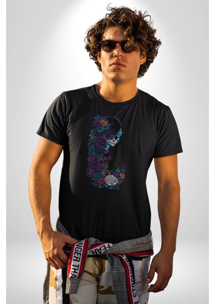 Cadılar Siyah Güller Kadın Erkek Unisex Siyah Organik Baskılı T-Shirt Penye Yüksek Kalite