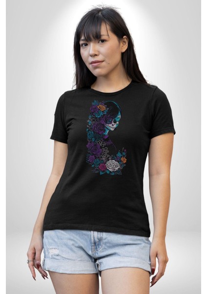 Cadılar Siyah Güller Kadın Erkek Unisex Siyah Organik Baskılı T-Shirt Penye Yüksek Kalite