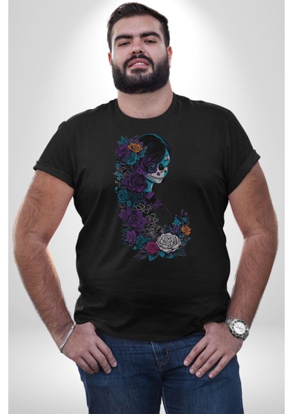 Cadılar Siyah Güller Kadın Erkek Unisex Siyah Organik Baskılı T-Shirt Penye Yüksek Kalite