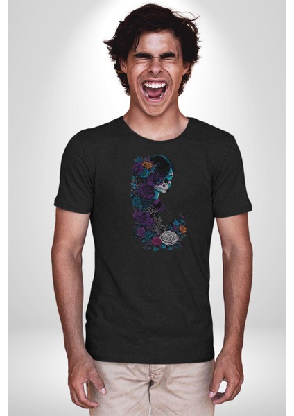 Cadılar Siyah Güller Kadın Erkek Unisex Siyah Organik Baskılı T-Shirt Penye Yüksek Kalite