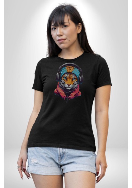 Kulaklık Kedi Leopar Bandana Kadın Erkek Unisex Siyah Organik Baskılı T-Shirt Penye Yüksek Kalite