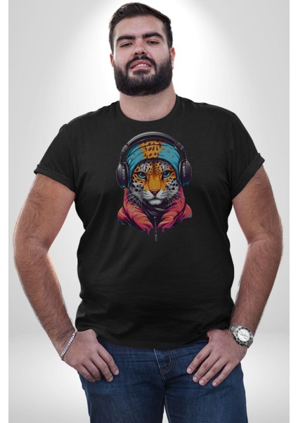 Kulaklık Kedi Leopar Bandana Kadın Erkek Unisex Siyah Organik Baskılı T-Shirt Penye Yüksek Kalite