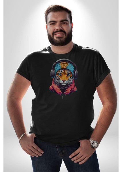 Kulaklık Kedi Leopar Bandana Kadın Erkek Unisex Siyah Organik Baskılı T-Shirt Penye Yüksek Kalite