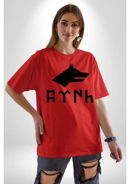 Türk Yazısı Pamuklu Bisiklet Yaka Kadın Erkek Oversize Boyfriend Dijital Baskılı Kırmızı T-Shirt fiyatları