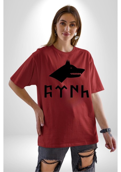 Türk Yazısı Pamuklu Bisiklet Yaka Kadın Erkek Oversize Boyfriend Dijital Baskılı Kırmızı T-Shirt fırsatları