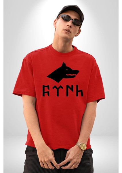 Türk Yazısı Pamuklu Bisiklet Yaka Kadın Erkek Oversize Boyfriend Dijital Baskılı Kırmızı T-Shirt indirimleri