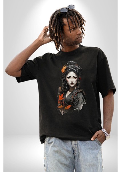 Japon Asyalı Samuray Kadın Pamuklu Bisiklet Yaka Kadın Erkek Oversize Boyfriend Dijital Baskılı Siyah T-Shirt