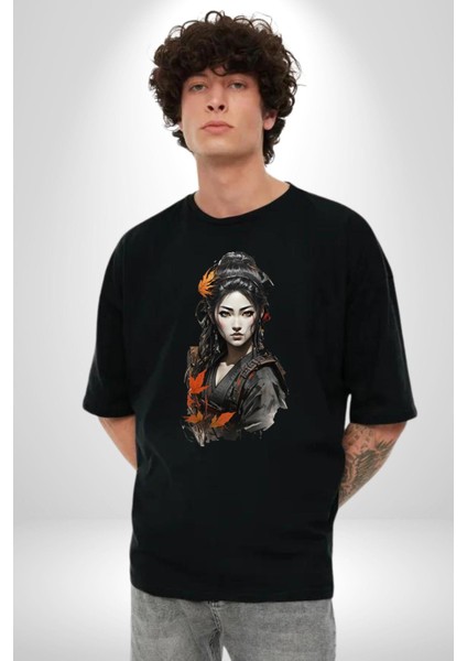 Japon Asyalı Samuray Kadın Pamuklu Bisiklet Yaka Kadın Erkek Oversize Boyfriend Dijital Baskılı Siyah T-Shirt fiyatları