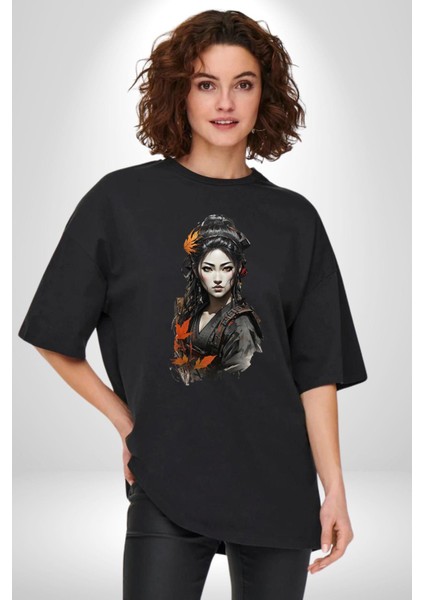 Japon Asyalı Samuray Kadın Pamuklu Bisiklet Yaka Kadın Erkek Oversize Boyfriend Dijital Baskılı Siyah T-Shirt modelleri