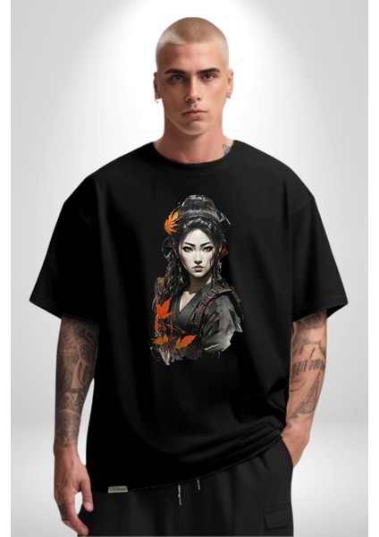 Japon Asyalı Samuray Kadın Pamuklu Bisiklet Yaka Kadın Erkek Oversize Boyfriend Dijital Baskılı Siyah T-Shirt indirimleri