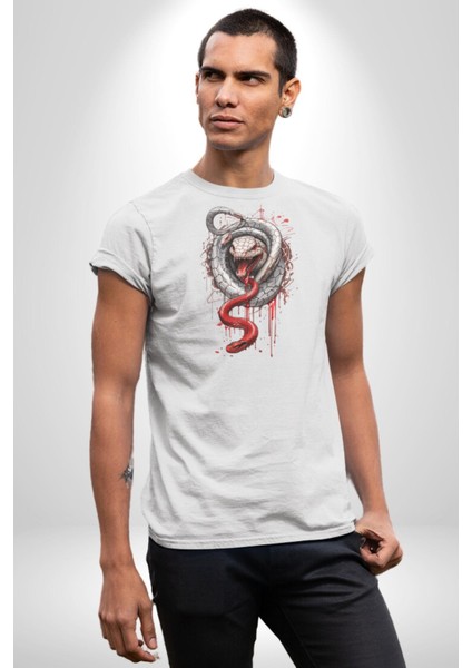 Beyaz ve Kırmızı Yılan Kadın Erkek Unisex Beyaz Organik Baskılı T-Shirt Penye Yüksek Kalite