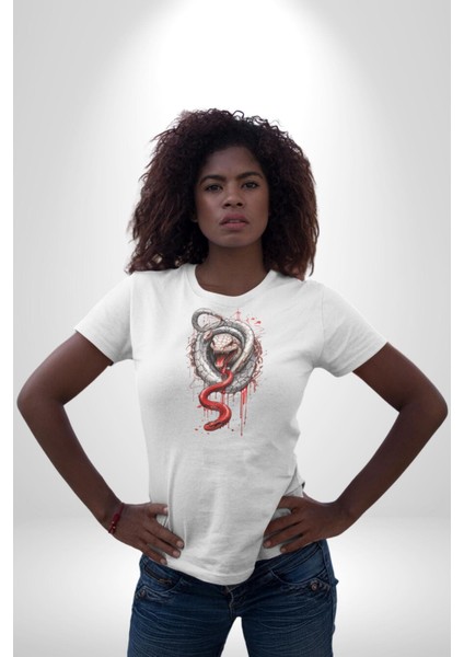 Beyaz ve Kırmızı Yılan Kadın Erkek Unisex Beyaz Organik Baskılı T-Shirt Penye Yüksek Kalite fiyatları