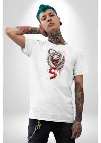 Beyaz ve Kırmızı Yılan Kadın Erkek Unisex Beyaz Organik Baskılı T-Shirt Penye Yüksek Kalite indirimleri