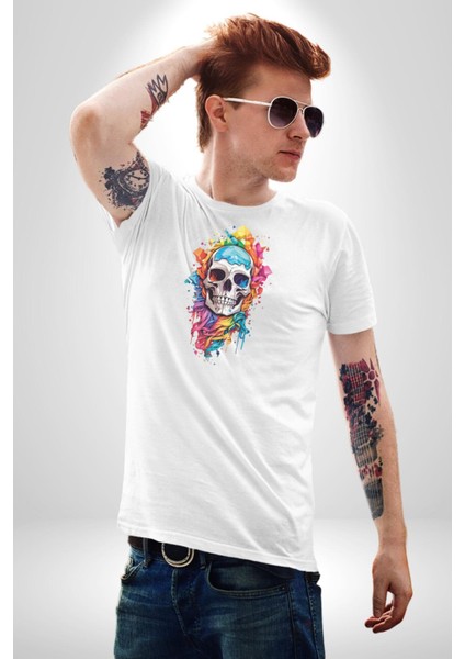 Renkli Kurukafa Kadın Erkek Unisex Beyaz Organik Baskılı T-Shirt Penye Yüksek Kalite
