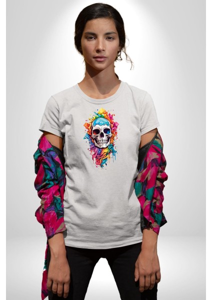 Renkli Kurukafa Kadın Erkek Unisex Beyaz Organik Baskılı T-Shirt Penye Yüksek Kalite fiyatları