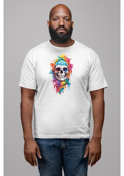 Renkli Kurukafa Kadın Erkek Unisex Beyaz Organik Baskılı T-Shirt Penye Yüksek Kalite fırsatları