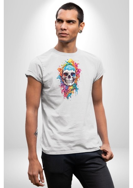 Renkli Kurukafa Kadın Erkek Unisex Beyaz Organik Baskılı T-Shirt Penye Yüksek Kalite indirimleri
