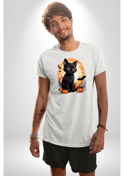Cadılar Bayramı Kedi Kadın Erkek Unisex Beyaz Organik Baskılı T-Shirt Penye Yüksek Kalite