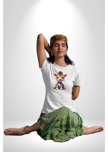 Sevimli Yavru Zebra Kadın Erkek Unisex Beyaz Organik Baskılı T-Shirt Penye Yüksek Kalite