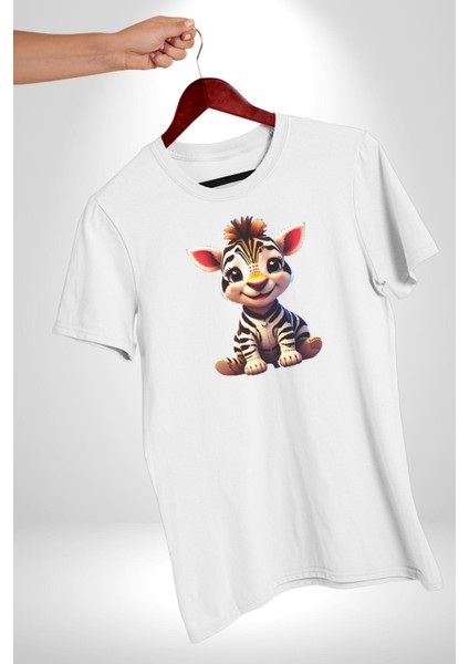 Sevimli Yavru Zebra Kadın Erkek Unisex Beyaz Organik Baskılı T-Shirt Penye Yüksek Kalite fırsatları