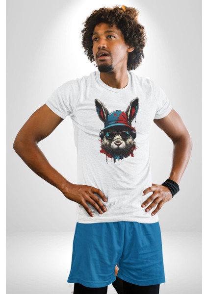Müzik Şapka Gözlük Takan Tavşan Kadın Erkek Unisex Beyaz Organik Baskılı T-Shirt Penye Yüksek Kalite fırsatları