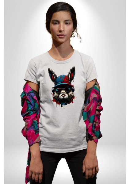 Müzik Şapka Gözlük Takan Tavşan Kadın Erkek Unisex Beyaz Organik Baskılı T-Shirt Penye Yüksek Kalite indirimleri