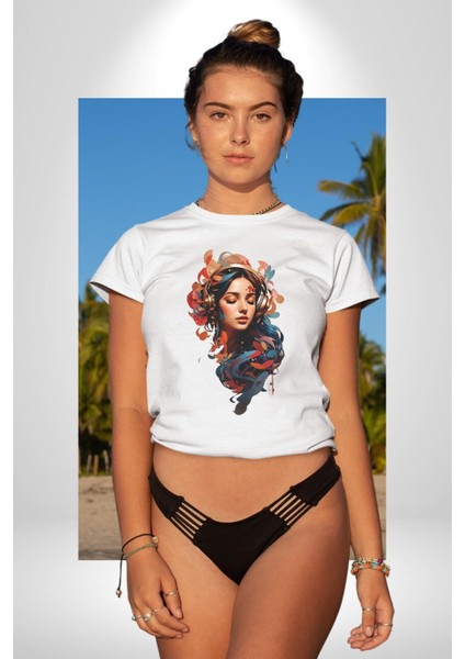 Müzik Dinleyen Kulaklık Yaprak Saçlı Renkli Kadın Erkek Unisex Beyaz Organik Baskılı T-Shirt Penye Yüksek Kalite