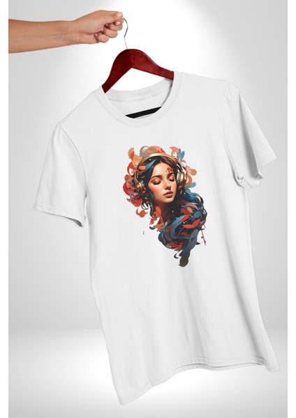 Müzik Dinleyen Kulaklık Yaprak Saçlı Renkli Kadın Erkek Unisex Beyaz Organik Baskılı T-Shirt Penye Yüksek Kalite modelleri