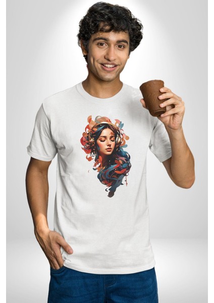 Müzik Dinleyen Kulaklık Yaprak Saçlı Renkli Kadın Erkek Unisex Beyaz Organik Baskılı T-Shirt Penye Yüksek Kalite fırsatları