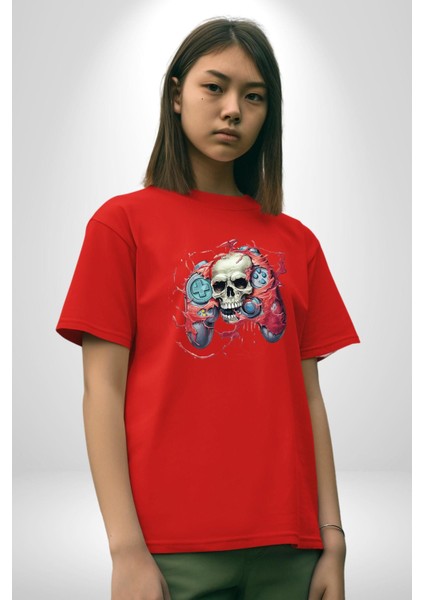 Oyun Kumandası Insanı Ele Geçirişi Pamuklu Bisiklet Yaka Kadın Erkek Oversize Boyfriend Dijital Baskılı Kırmızı T-Shirt modelleri