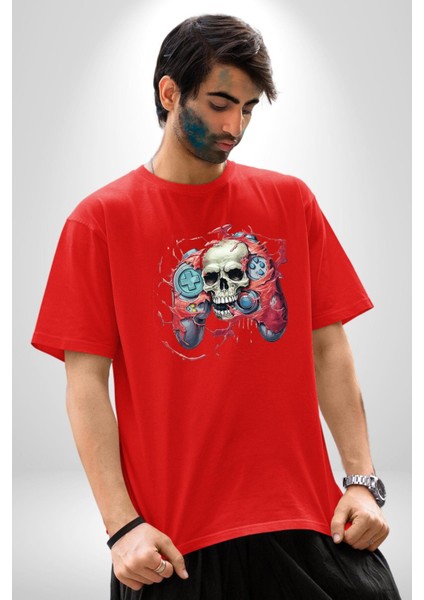 Oyun Kumandası Insanı Ele Geçirişi Pamuklu Bisiklet Yaka Kadın Erkek Oversize Boyfriend Dijital Baskılı Kırmızı T-Shirt fırsatları