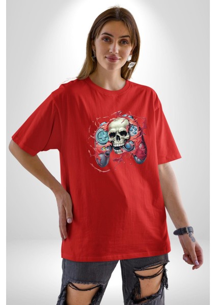 Oyun Kumandası Insanı Ele Geçirişi Pamuklu Bisiklet Yaka Kadın Erkek Oversize Boyfriend Dijital Baskılı Kırmızı T-Shirt indirimleri