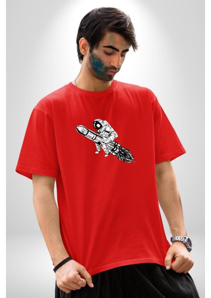 Roket Astronot Pamuklu Bisiklet Yaka Kadın Erkek Oversize Boyfriend Dijital Baskılı Kırmızı T-Shirt