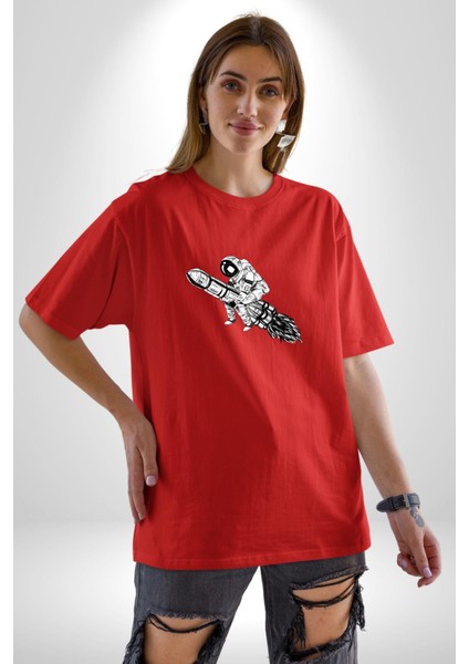 Roket Astronot Pamuklu Bisiklet Yaka Kadın Erkek Oversize Boyfriend Dijital Baskılı Kırmızı T-Shirt fiyatları