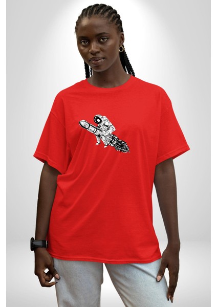 Roket Astronot Pamuklu Bisiklet Yaka Kadın Erkek Oversize Boyfriend Dijital Baskılı Kırmızı T-Shirt modelleri