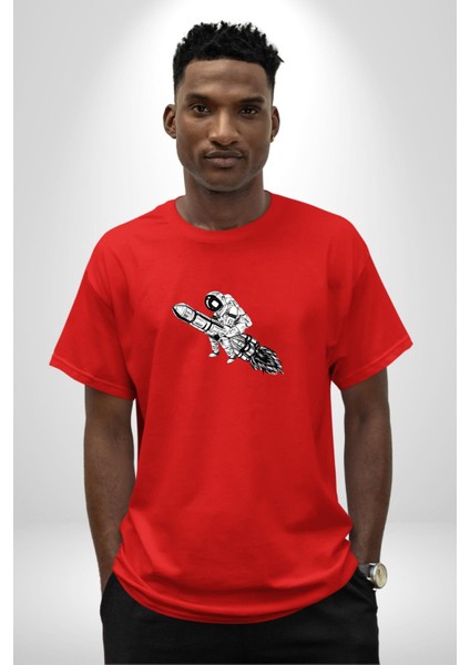 Roket Astronot Pamuklu Bisiklet Yaka Kadın Erkek Oversize Boyfriend Dijital Baskılı Kırmızı T-Shirt indirimleri