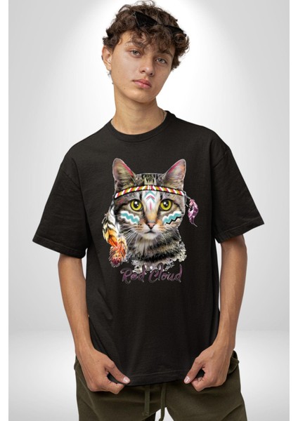 Red Cloud Kedi Hintli Pamuklu Bisiklet Yaka Kadın Erkek Oversize Boyfriend Dijital Baskılı Siyah T-Shirt fiyatları