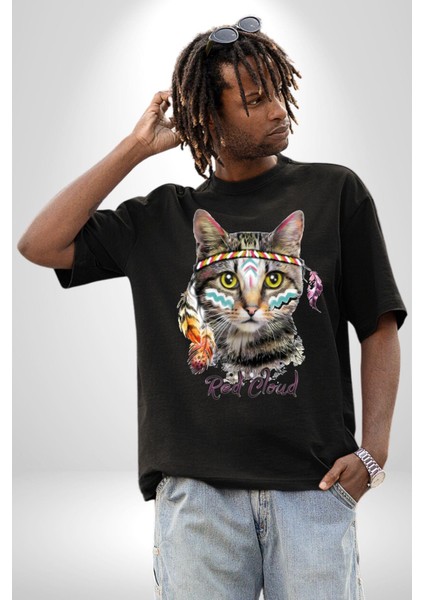 Red Cloud Kedi Hintli Pamuklu Bisiklet Yaka Kadın Erkek Oversize Boyfriend Dijital Baskılı Siyah T-Shirt indirimleri