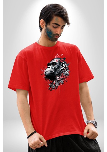 Çiçekli Goril Doğa Pamuklu Bisiklet Yaka Kadın Erkek Oversize Boyfriend Dijital Baskılı Kırmızı T-Shirt fırsatları