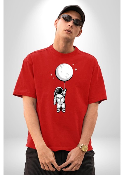Astronot Ay Balon Pamuklu Bisiklet Yaka Kadın Erkek Oversize Boyfriend Dijital Baskılı Kırmızı T-Shirt