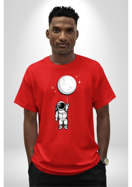 Astronot Ay Balon Pamuklu Bisiklet Yaka Kadın Erkek Oversize Boyfriend Dijital Baskılı Kırmızı T-Shirt fiyatları