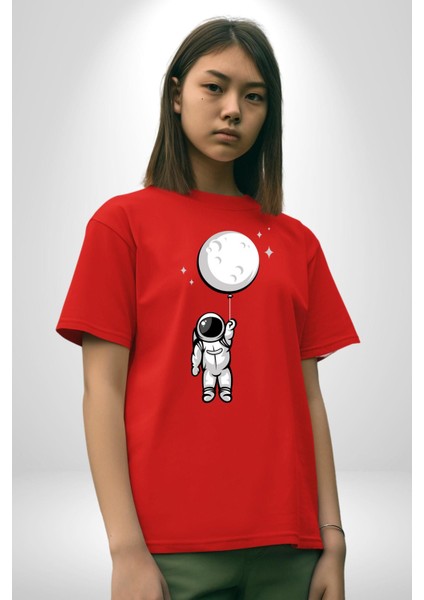 Astronot Ay Balon Pamuklu Bisiklet Yaka Kadın Erkek Oversize Boyfriend Dijital Baskılı Kırmızı T-Shirt modelleri