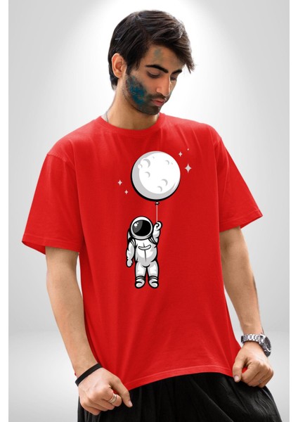 Astronot Ay Balon Pamuklu Bisiklet Yaka Kadın Erkek Oversize Boyfriend Dijital Baskılı Kırmızı T-Shirt fırsatları
