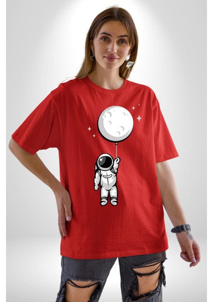 Astronot Ay Balon Pamuklu Bisiklet Yaka Kadın Erkek Oversize Boyfriend Dijital Baskılı Kırmızı T-Shirt indirimleri