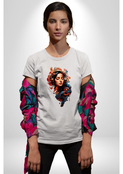 Müzik Dinleyen Kulaklık Yaprak Saçlı Renkli Kadın Erkek Unisex Beyaz Organik Baskılı T-Shirt Penye Yüksek Kalite indirimleri