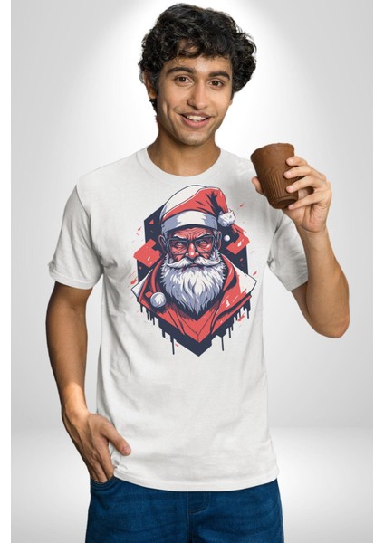 Cool Santa Claus Noel Baba Kadın Erkek Unisex Beyaz Organik Baskılı T-Shirt Penye Yüksek Kalite