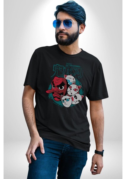 Japon Anime Tengu Maske Kadın Erkek Unisex Siyah Organik Baskılı T-Shirt Penye Yüksek Kalite