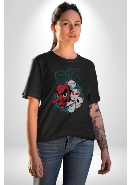 Japon Anime Tengu Maske Kadın Erkek Unisex Siyah Organik Baskılı T-Shirt Penye Yüksek Kalite indirimleri
