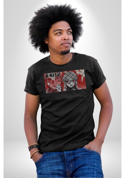Japon Anime Mirai Nikki Ost End Game Kadın Erkek Unisex Siyah Organik Baskılı T-Shirt Penye Yüksek Kalite